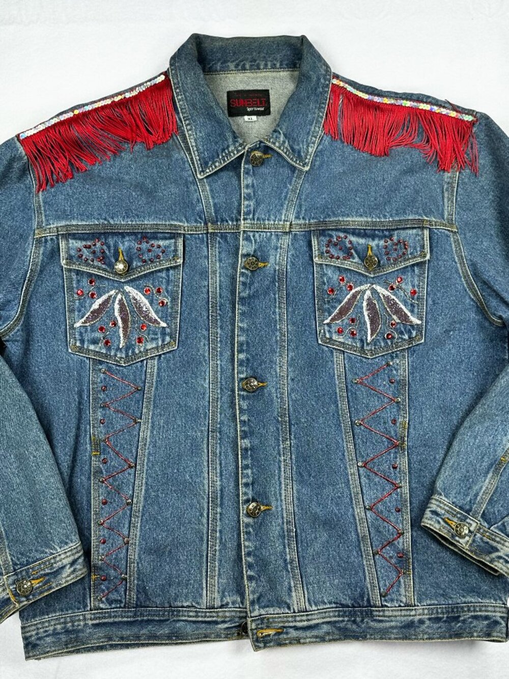 Vintage Sunbelt Sportswear Men's XL Denim Jacket Red Fringe Rhinestones Tassels